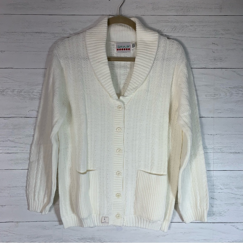 Vtg. Apples for Life off white acrylic button front cardigan womens size M NWT